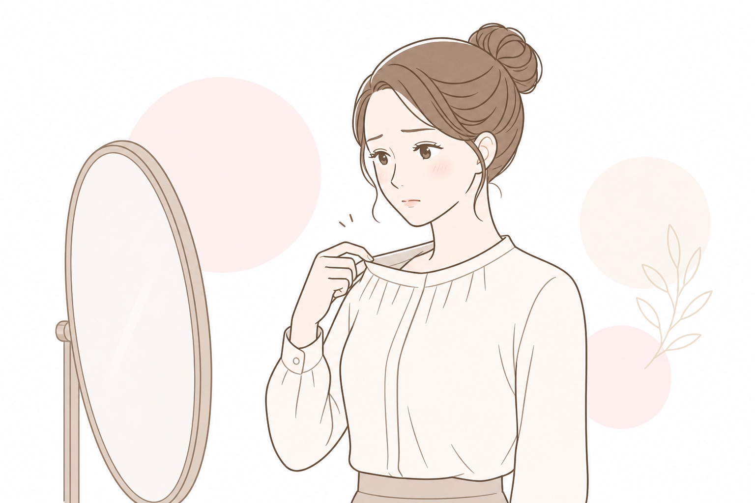 胸元の隙間に悩み、服の襟元を気にする女性のイラスト