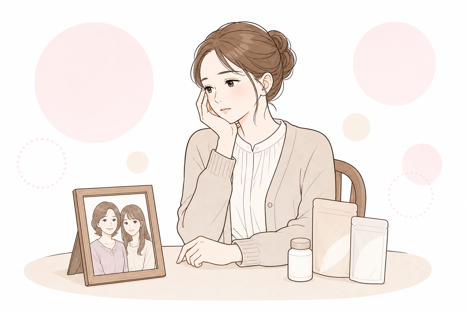 家族の体質や過去のサプリ経験に思い悩む女性のイラスト